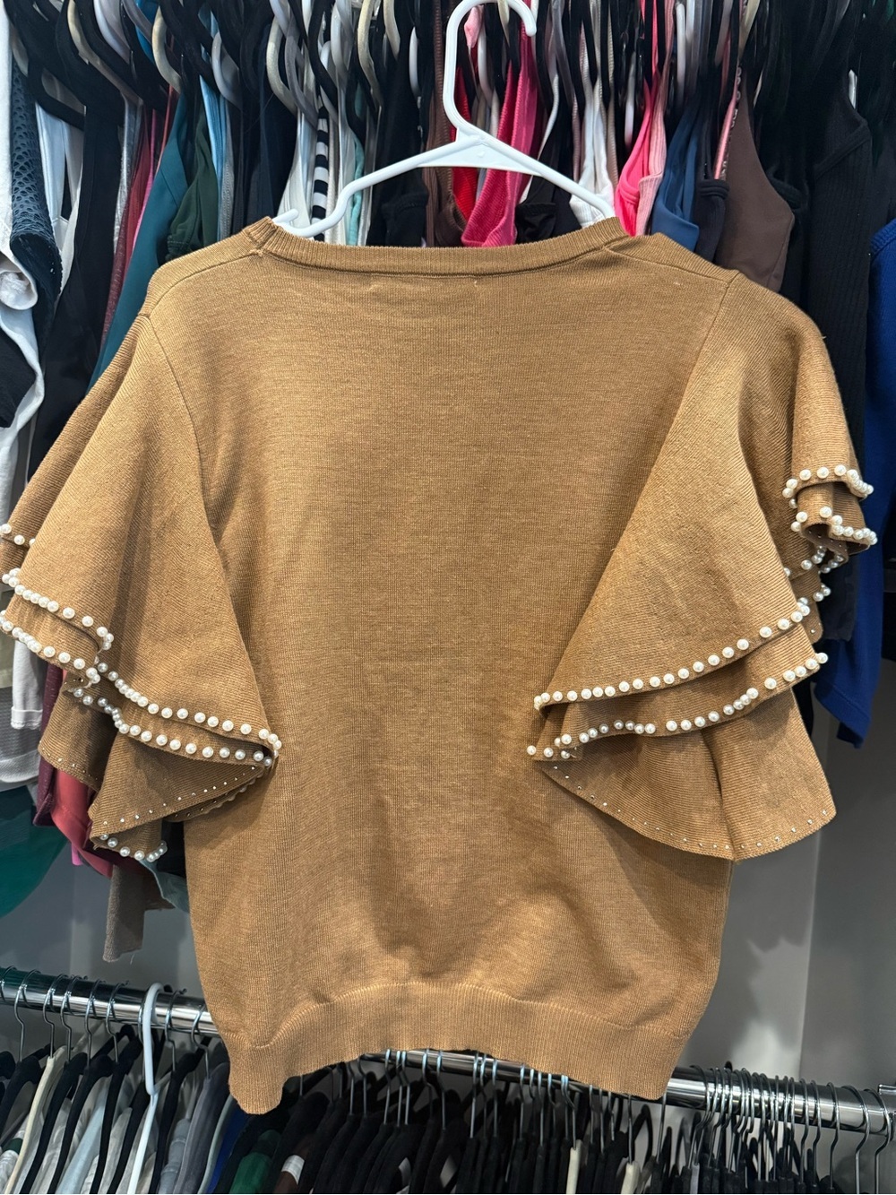 Pearl-Trim Ruffle Sleeve Sweater Top in Camel-Size M - Picture 5 of 8